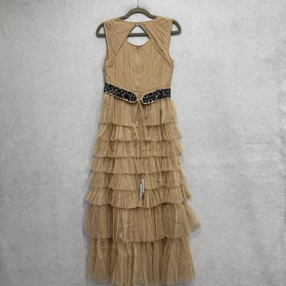 Sundance Dress Womens 8 Beige Tiered Ruffle Tulle Maxi Keyhole Back Velvet Belt - Picture 1 of 9